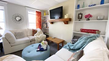 Smart TV, fireplace, books