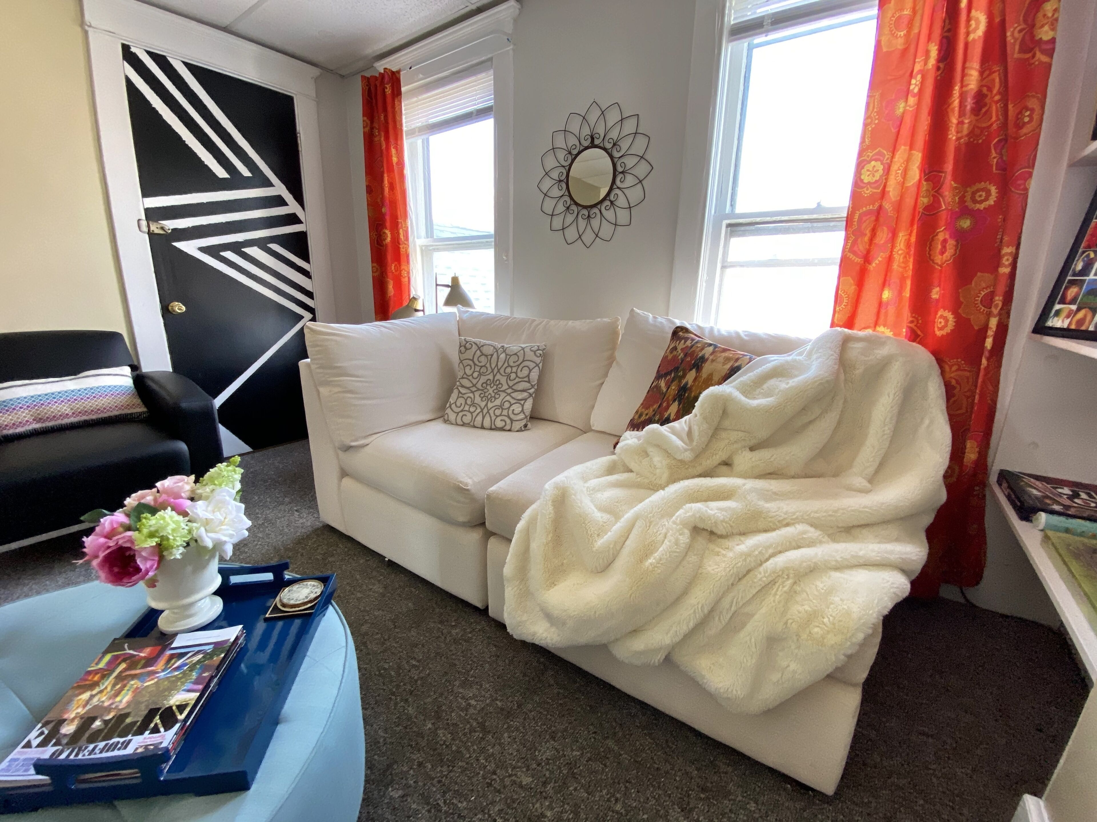 Smart TV, fireplace, books