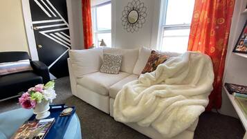 Smart TV, fireplace, books