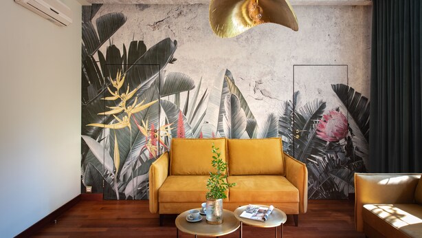 A living room with a sofa, a coffee table, and a decorative plant. - Exotic Elegance - IR sauna, aircon, 3-bedrooms, 2 bathrooms, Wi-Fi (Krakow, malopolska)