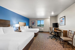 Premium bedding, pillowtop beds, desk, laptop workspace