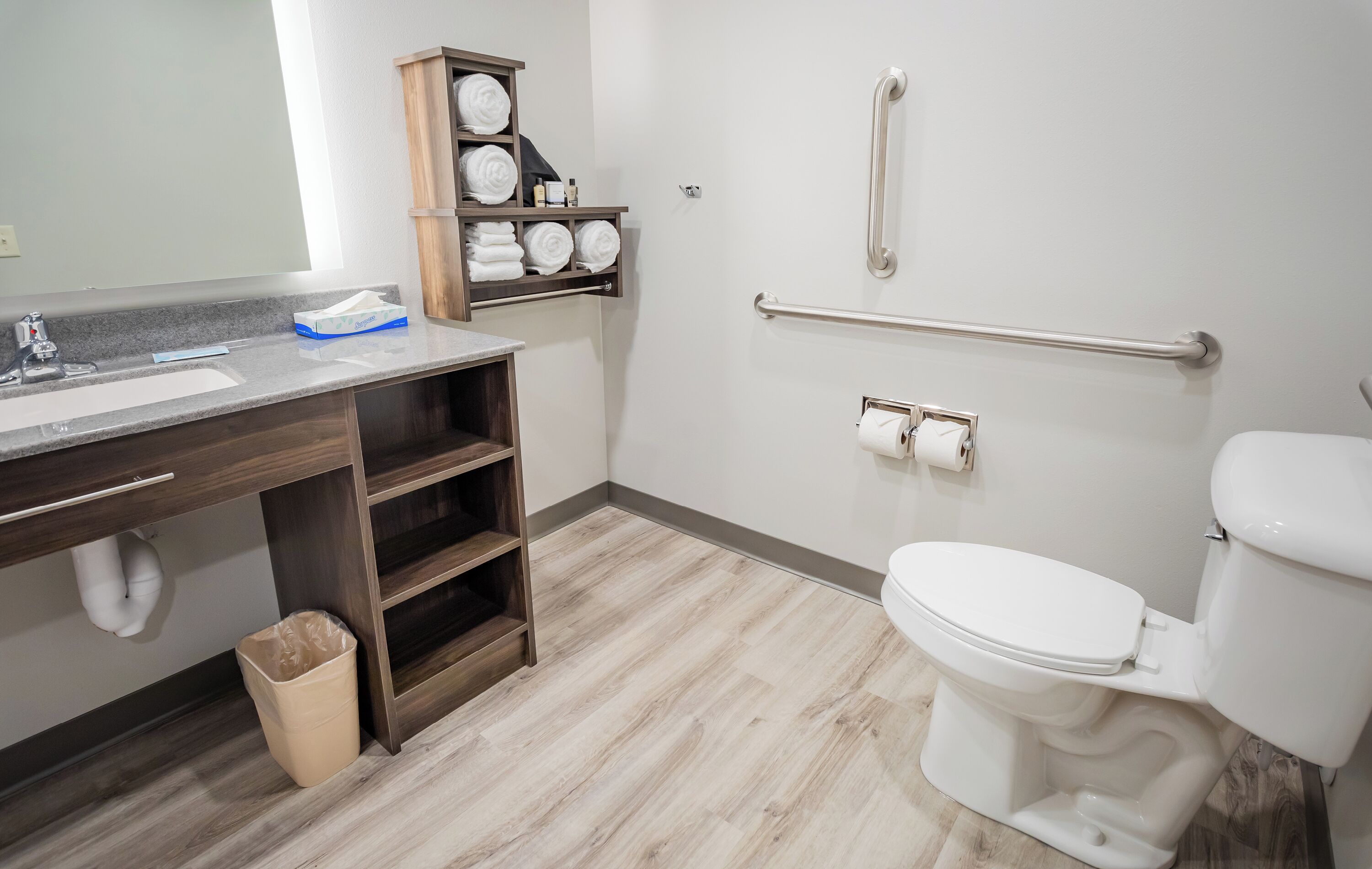 combined shower/bathtub, free toiletries, hair dryer, towels