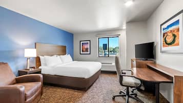 Premium bedding, pillowtop beds, desk, laptop workspace