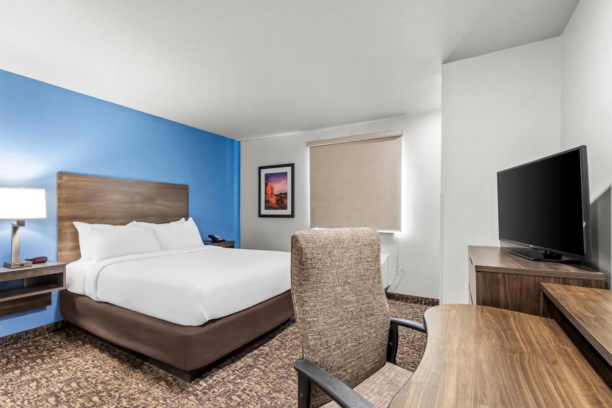 A hotel room with a bed, a chair, a desk, a television, and a picture on the wall.