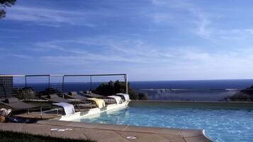 Seasonal outdoor pool, open 10:00 AM to 7:00 PM, sun loungers