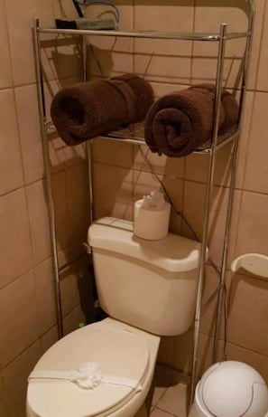 A bathroom with a toilet, a shelf holding two rolled towels, and a bottle of hand soap.