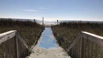 On the beach, sun loungers