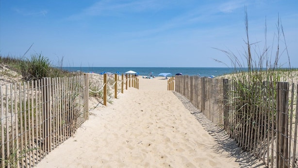 A sandy beach path leading to the ocean, flanked by wooden fences and beach umbrellas. - Stunning Direct Ocean Front 3 Bedroom with Outdoor Pool! (Ocean City)