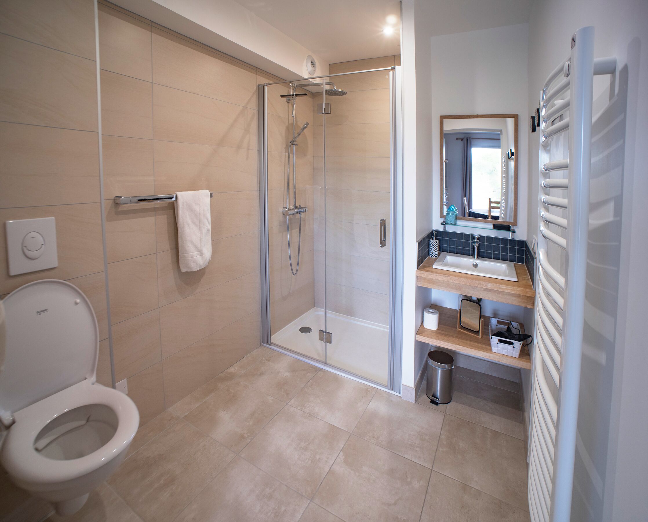 A modern bathroom with a glass-enclosed shower, a white toilet, and a vanity with a mirror and sink.