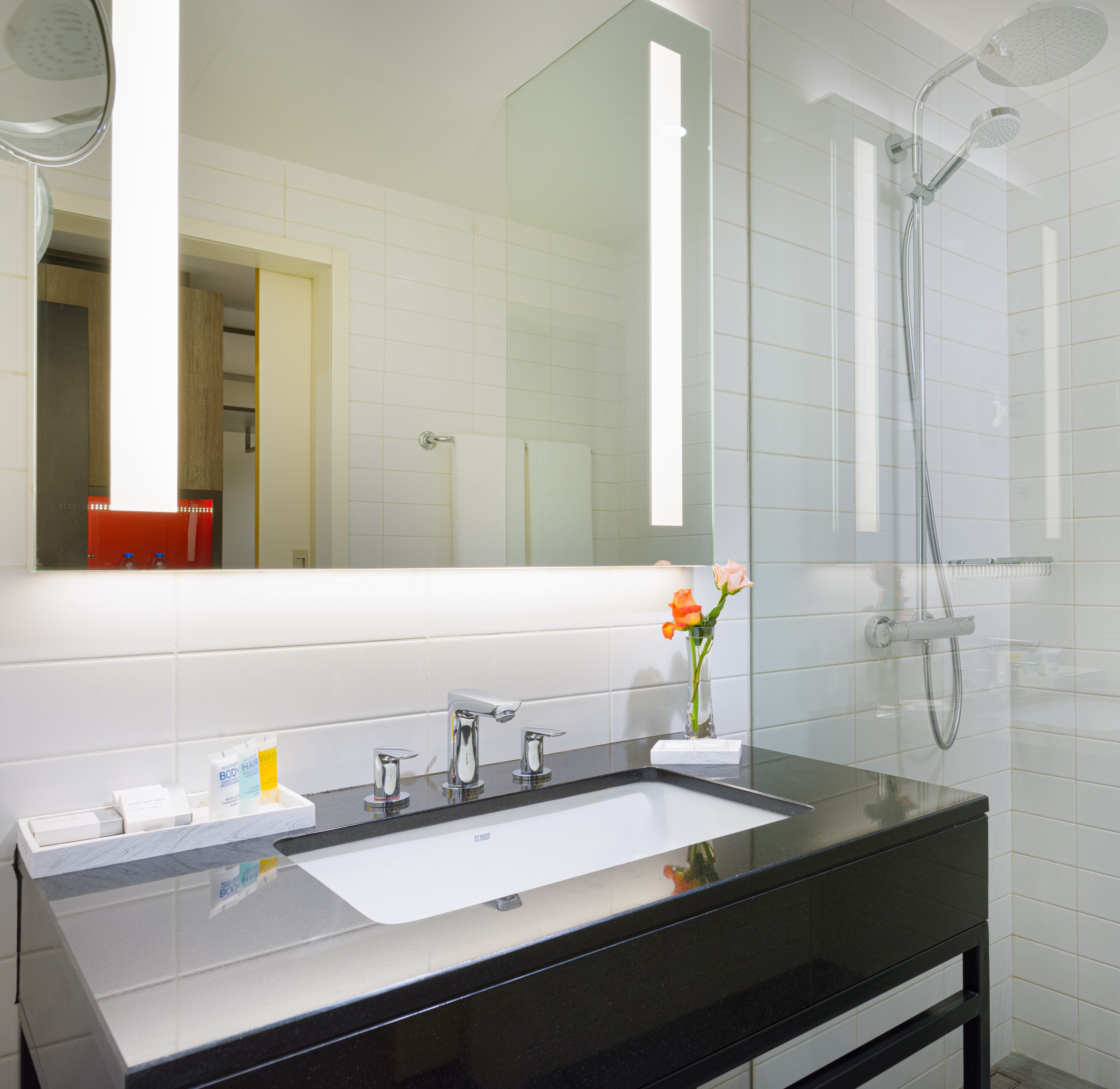 rainfall showerhead, free toiletries, hair dryer, bathrobes