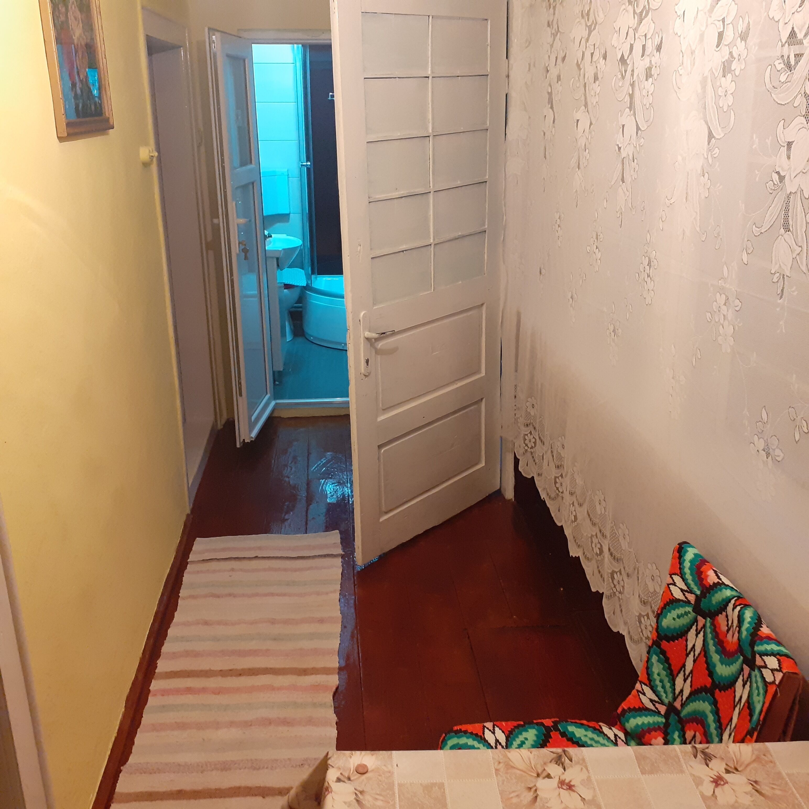 A hallway with a striped rug, a white door, and a patterned wall.