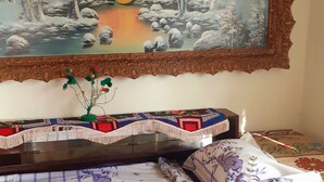 A painting of a winter landscape with a river, trees, and a house. - Sejour Farm Casa Mountain Sanctuary (Rosia Montana)