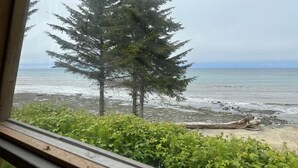 A view of a beach with two tall trees and a wooden log on the sand.