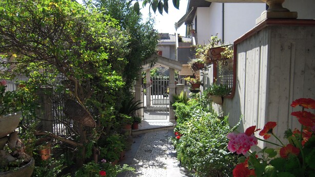 Une ruelle étroite, bordée de chaque côté de pots de plantes et de fleurs, qui mène à une entrée fermée par un portail.