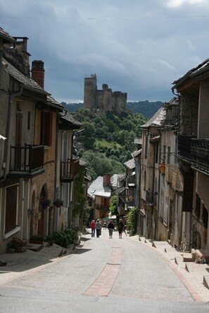 Une rue étroite bordée de bâtiments historiques en pierre, un château en arrière-plan et un chemin piétonnier pavé.