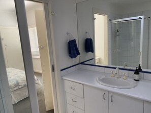 Combined shower/bathtub, jetted bath, hair dryer, towels