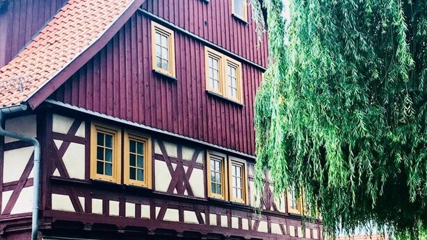 Una casa tradicional amb estructura de fusta i enduints, un teulat de teules vermelles pronunciat, diverses finestres amb emmarcadura de fusta i un arbre gran a la dreta.