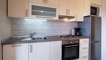 Frigorífico, microondas, horno y placa de cocina