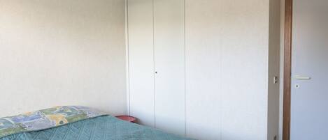 A bedroom with a bed, a wardrobe, and a door.