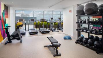 Un gimnasio moderno con cintas de correr, una banca y una variedad de pesas y pelotas de ejercicio.