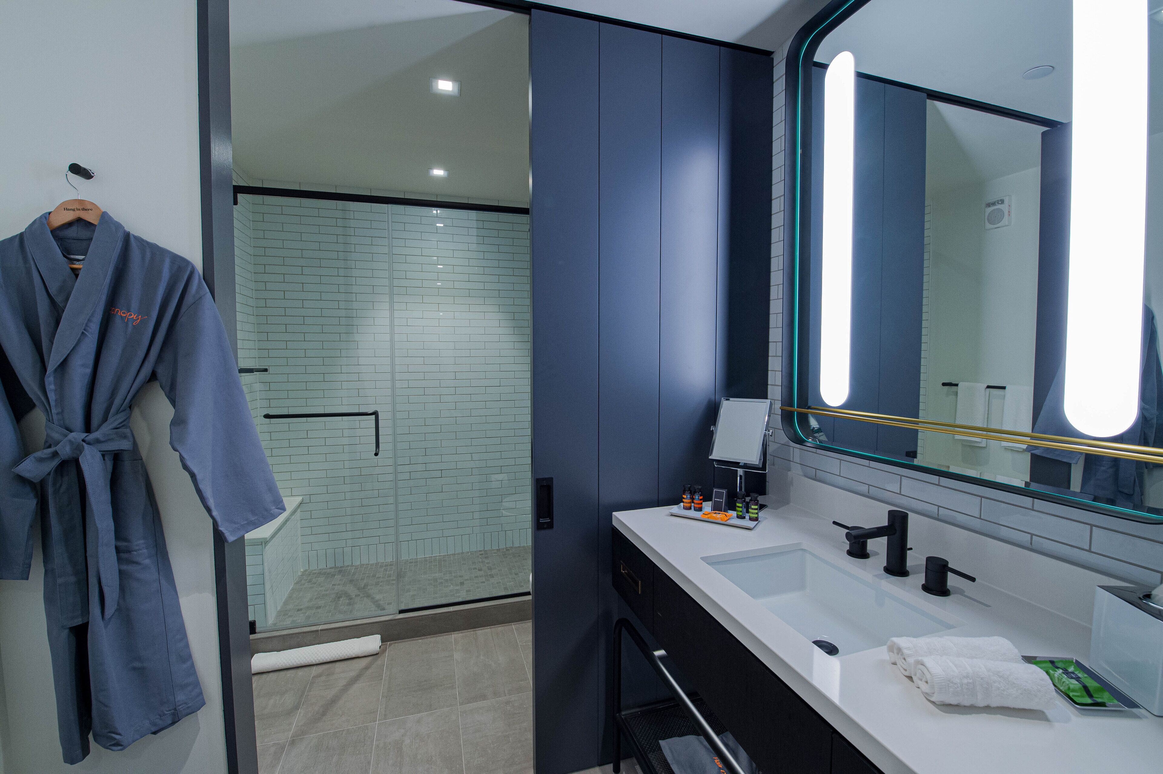 deluxe room, 1 king bed | bathroom | deep-soaking bathtub, hydromassage showerhead, designer toiletries