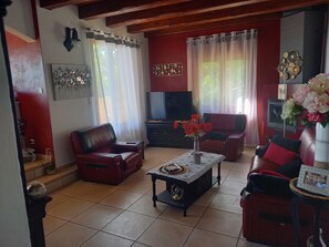 Een televisie, een open haard, tafelvoetbal en boeken