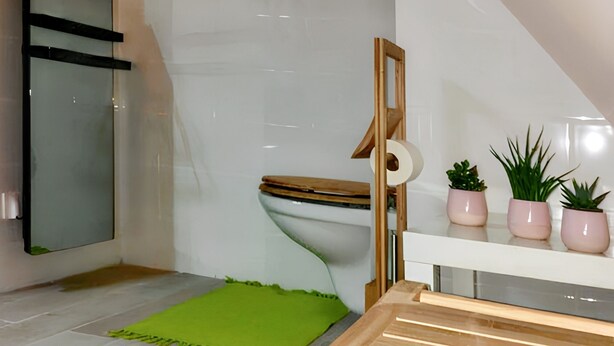 Ein modernes Badezimmer mit einer Holzbank, einer grünen Matte, einer Toilette und drei Blumentöpfen auf einem Regal.