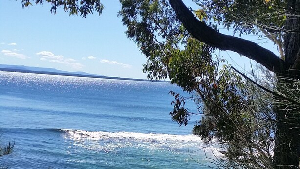 Ein Strand mit klarem Wasser, sandigem Ufer und umgebender Vegetation.