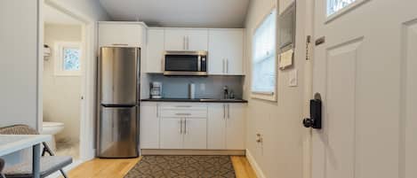 Fridge, microwave, coffee/tea maker, electric kettle