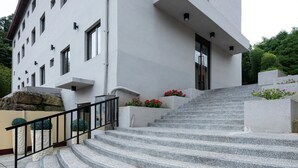 A modern building with a staircase leading to the entrance, surrounded by greenery and decorative plants. - Minzu Hotel (Lugu)