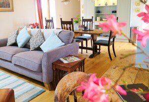 Smart TV, chimenea, mesa de ping pong, libros