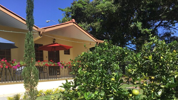 A house with a balcony, a red umbrella, and a lemon tree in the garden. - Aparthotel Boquete (Boquete)