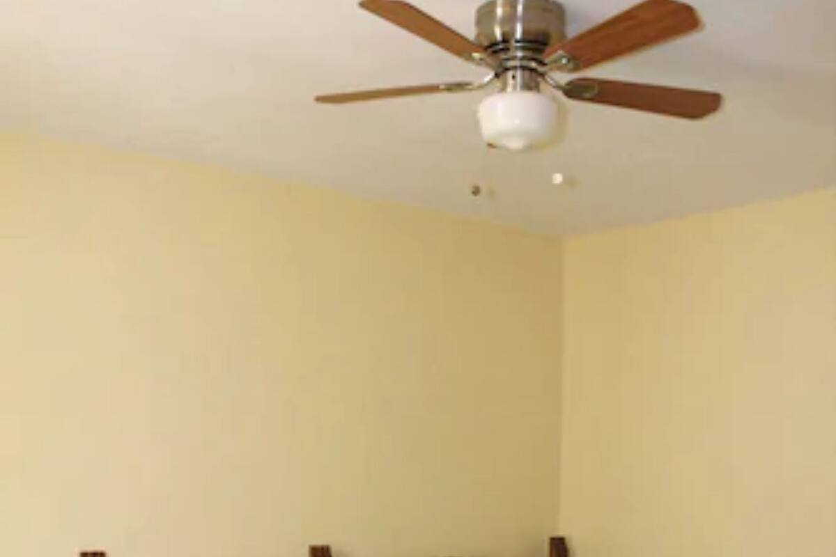 A bedroom with two single beds, a ceiling fan, and a small bedside table.
