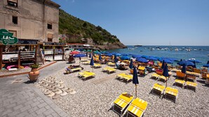 Ein Strand mit gelben und blauen Liegestühlen, Sonnenschirmen und einem Gebäude mit Schildern für ein Restaurant und ein Hotel.