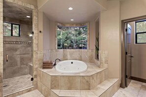 Combined shower/tub, jetted tub, hair dryer, towels
