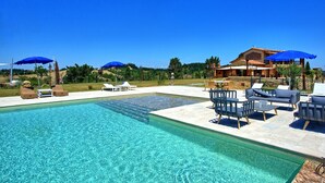 Une piscine avec des chaises longues et des parasols, un bâtiment doté d’une terrasse et un ciel d’un bleu limpide.