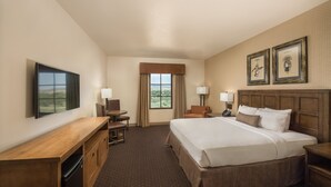 A hotel room with a large bed, a desk, a chair, a television, and two framed pictures on the wall.