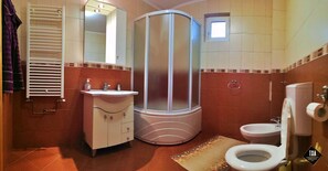 A bathroom with a corner shower, a sink, and a toilet. - Casa Lacry (Manastirea Humorului)
