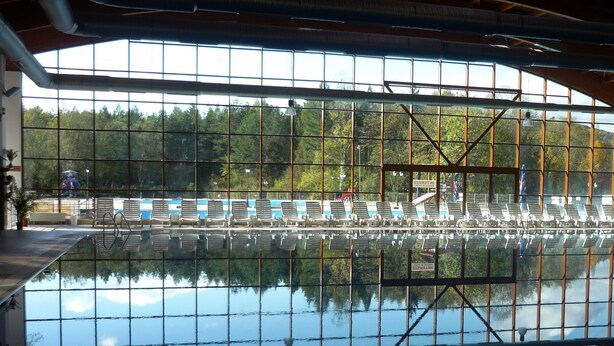 A large indoor swimming pool with clear glass walls, reflecting the surrounding trees and sky. - Casa Lacry (Manastirea Humorului)