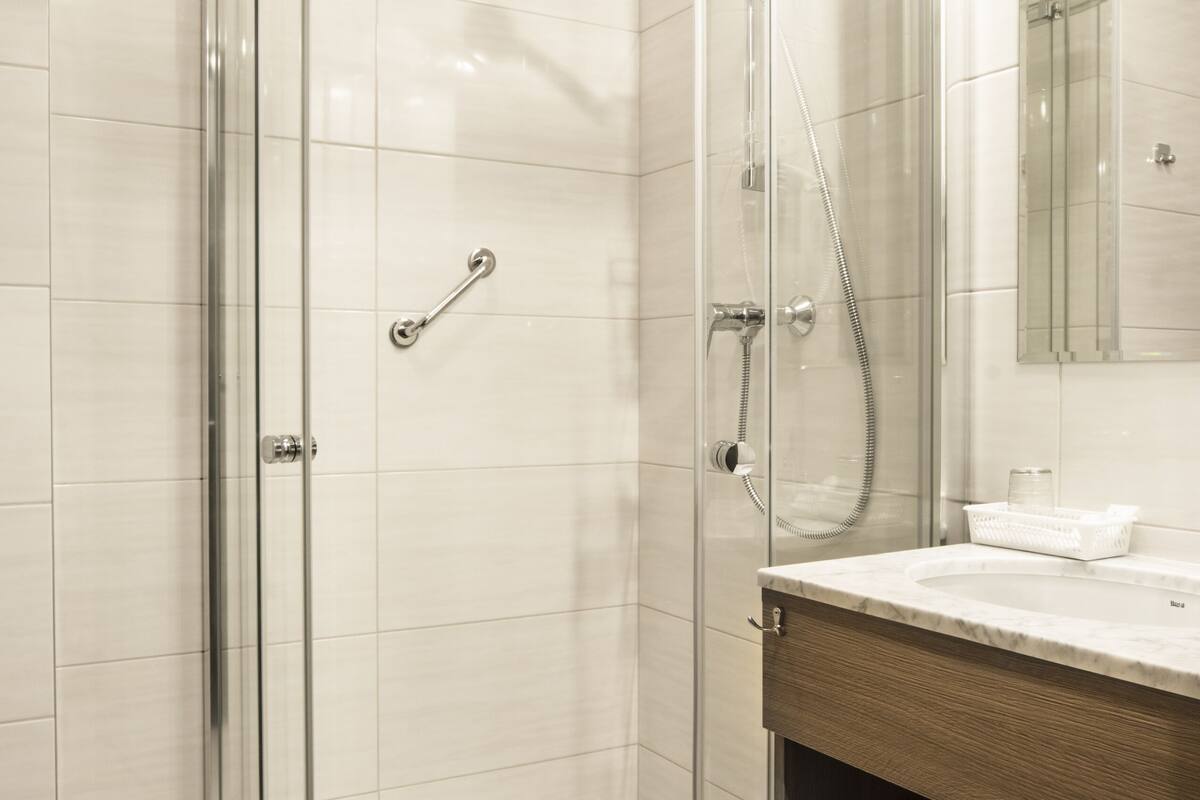 shower, free toiletries, hair dryer, towels