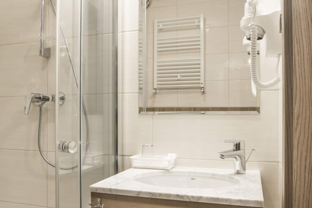 shower, free toiletries, hair dryer, towels