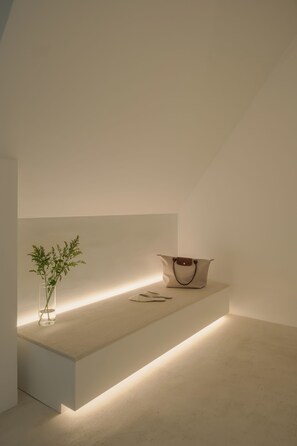 A minimalist room with a built-in shelf, a vase with a plant, and a handbag. - Hotel Hello Plovdiv (Plovdiv)