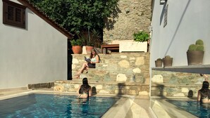 A swimming pool with stone steps and potted plants.