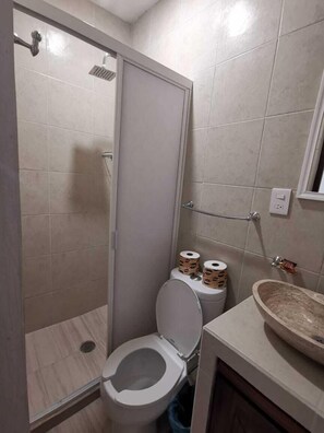 Combined shower/bathtub, hair dryer, towels, soap