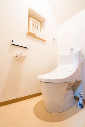 A modern toilet with a wall-mounted flush handle, a toilet paper holder, and a small shelf with a framed picture.