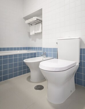 Hair dryer, towels, soap, toilet paper
