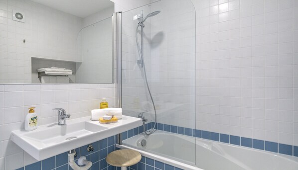 Hair dryer, towels, soap, toilet paper