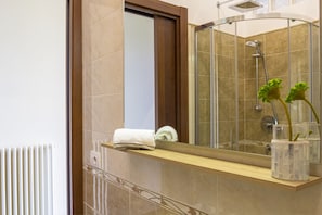 Shower, hair dryer, bidet, towels