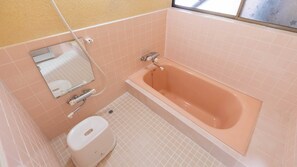Separate tub and shower, hair dryer, slippers, electronic bidet