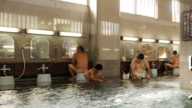 A public bath with multiple benches and individual washbasins. - Guest House IROHA Lotusland (Kaga)